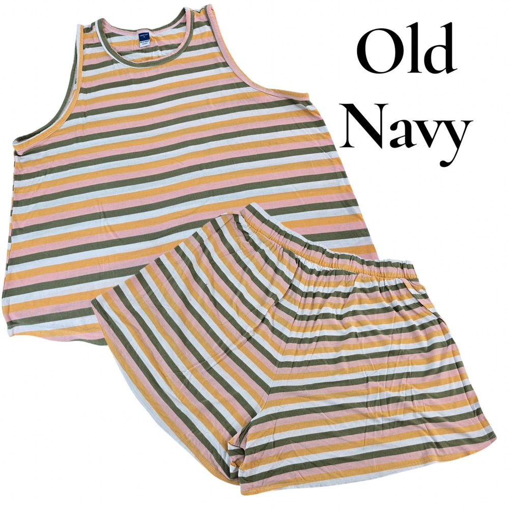 Old Navy Pajama Set M Tall Multi Color Modal Sunday Sleep Tank Shorts Striped